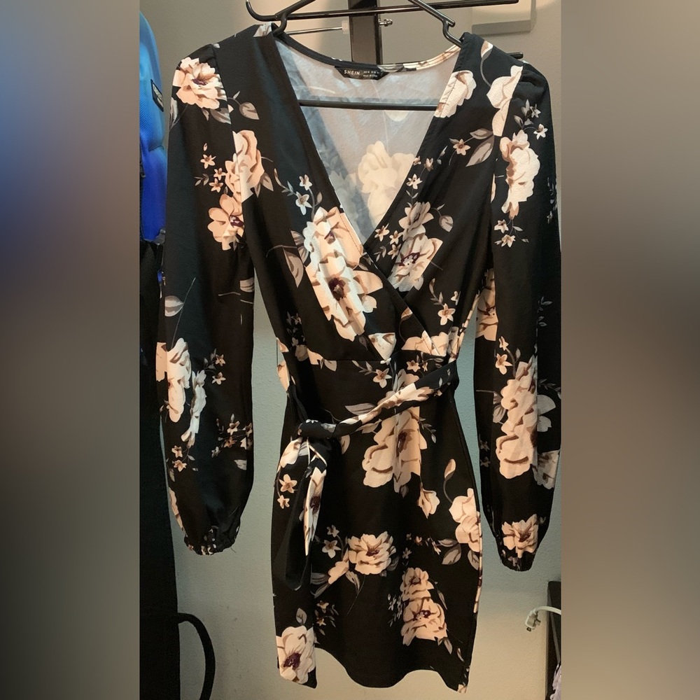 Shein. Beautiful floral print black dress.